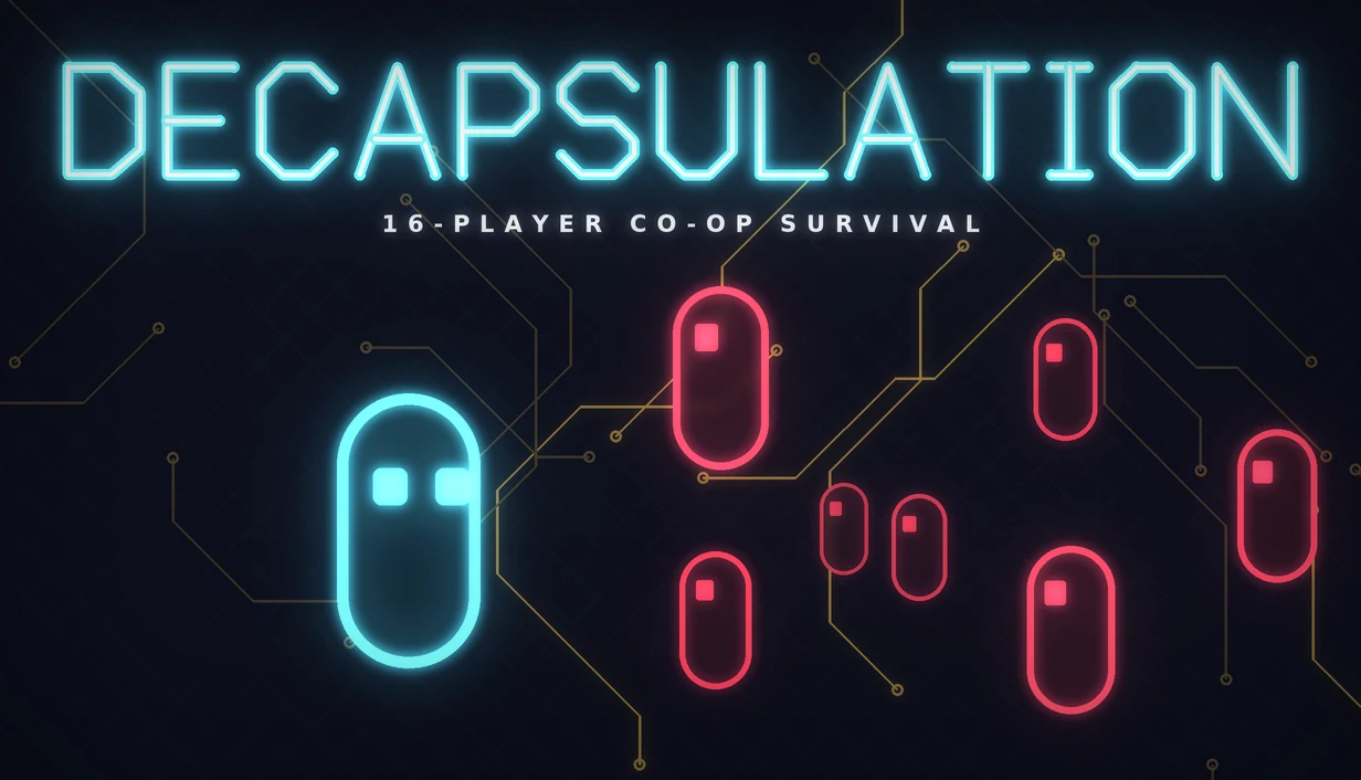 Decapsulation key art: a glowing cyan capsule hero faces a horde of red capsule viruses on a dark circuit board.