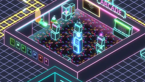 Aula arkade di kota hub: kabinet neon di atas karpet bermotif konfeti, mesin capit, dan poster game di sepanjang dinding.