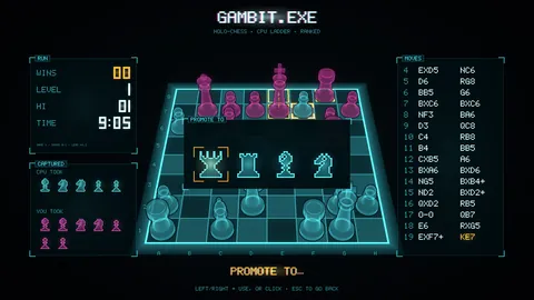 Gambit.exe, game catur hologram di arkade, di tengah pertandingan melawan tangga level CPU dengan pilihan promosi pion yang sedang terbuka.